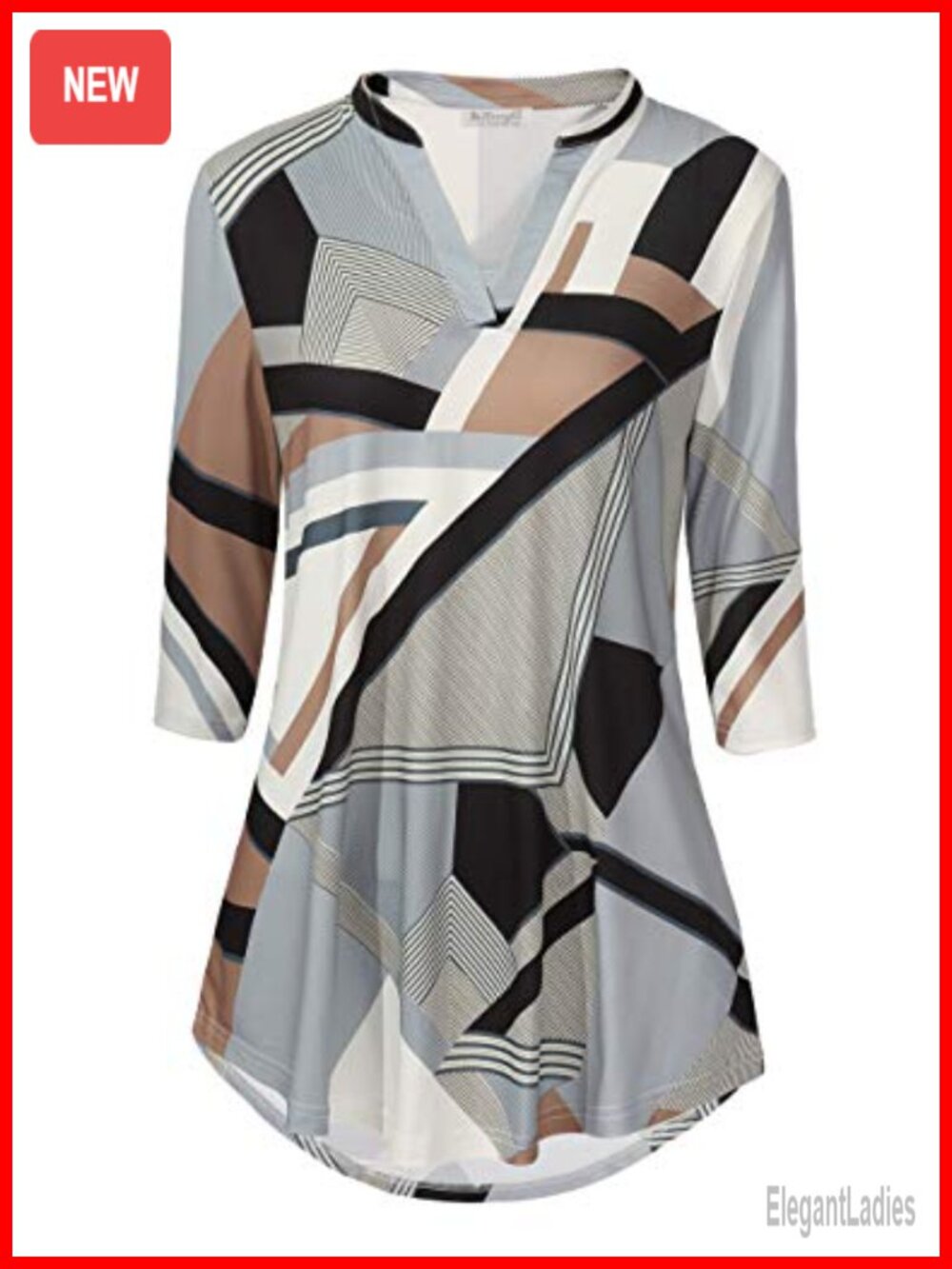 BAISHENGGT Womens 3/4 Sleeve Notch V Neck Floral Work Blouse Tunic Top